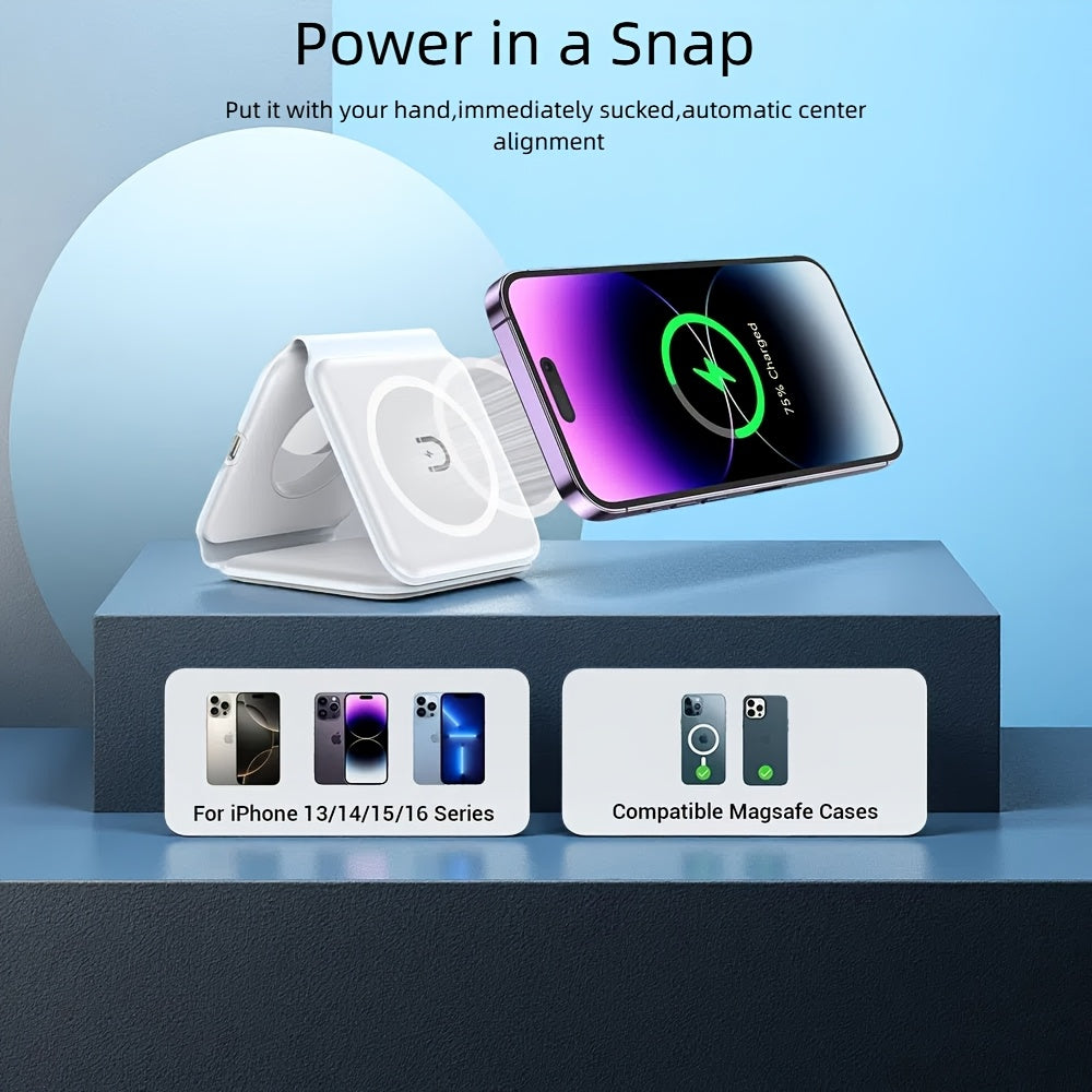 Pickzaar 3 in 1 Wireless Charger – Magnetic Foldable Charging Station, Fast Wireless Charging Pad (White) USB