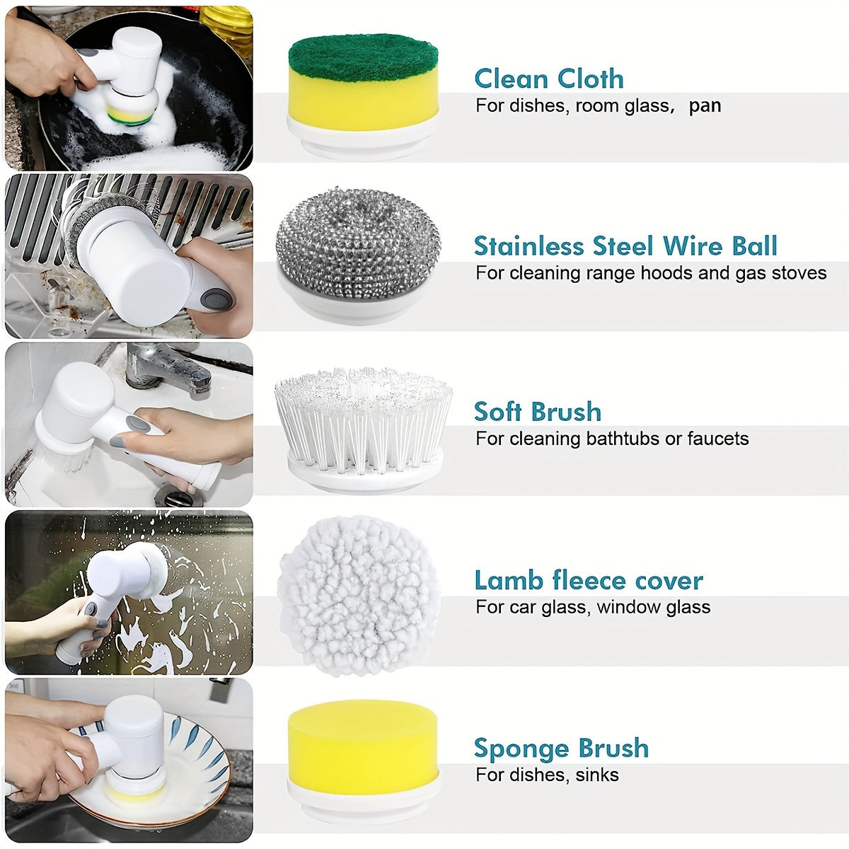 Electric Spin Scrubber – Cordless Rechargeable Brush, 5 Heads + Extension Handle