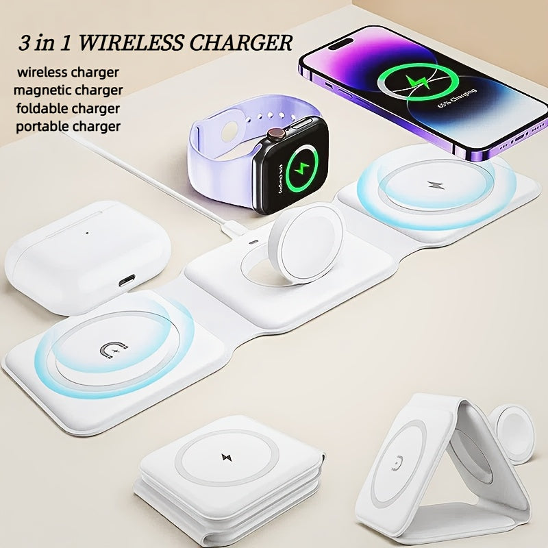 Pickzaar 3 in 1 Wireless Charger – Magnetic Foldable Charging Station, Fast Wireless Charging Pad (White) USB