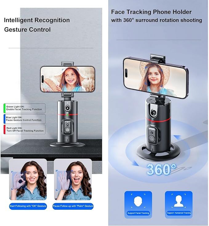 Auto Face-Tracking Tripod 360° – AI Phone Holder with Gesture Control & Wireless Remote for Vlog & Live Streaming